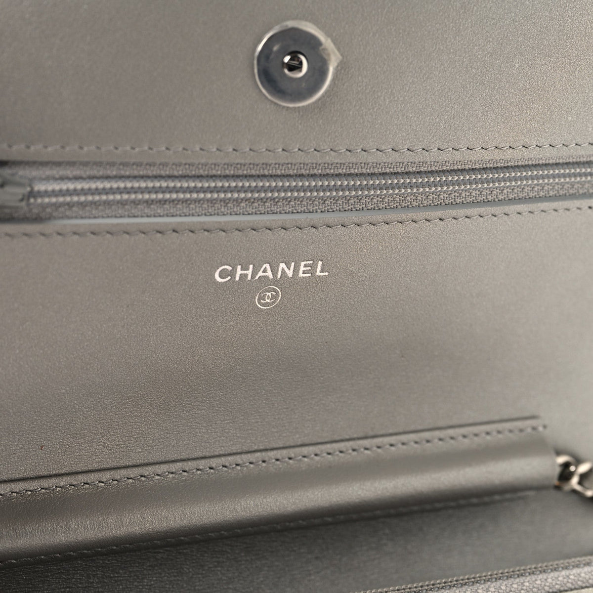 Metallic Crumpled Calfskin Quilted Flap Charm Wallet On Chain WOC Silver