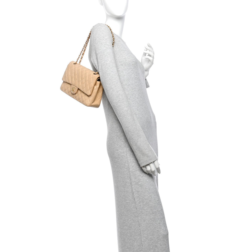 Lambskin Quilted Medium Double Flap Beige