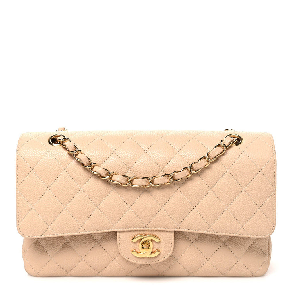 Caviar Quilted Medium Double Flap Beige Beige Clair