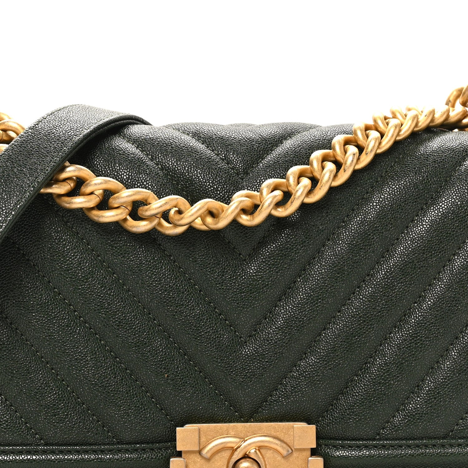 Caviar Chevron Quilted Medium Boy Flap Dark Green