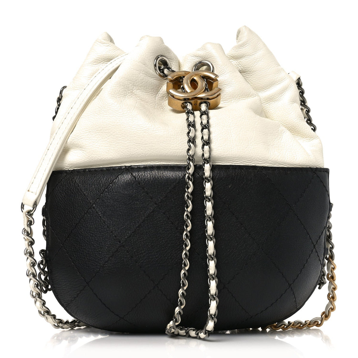 Aged Calfskin Quilted Small Gabrielle Bucket White Black