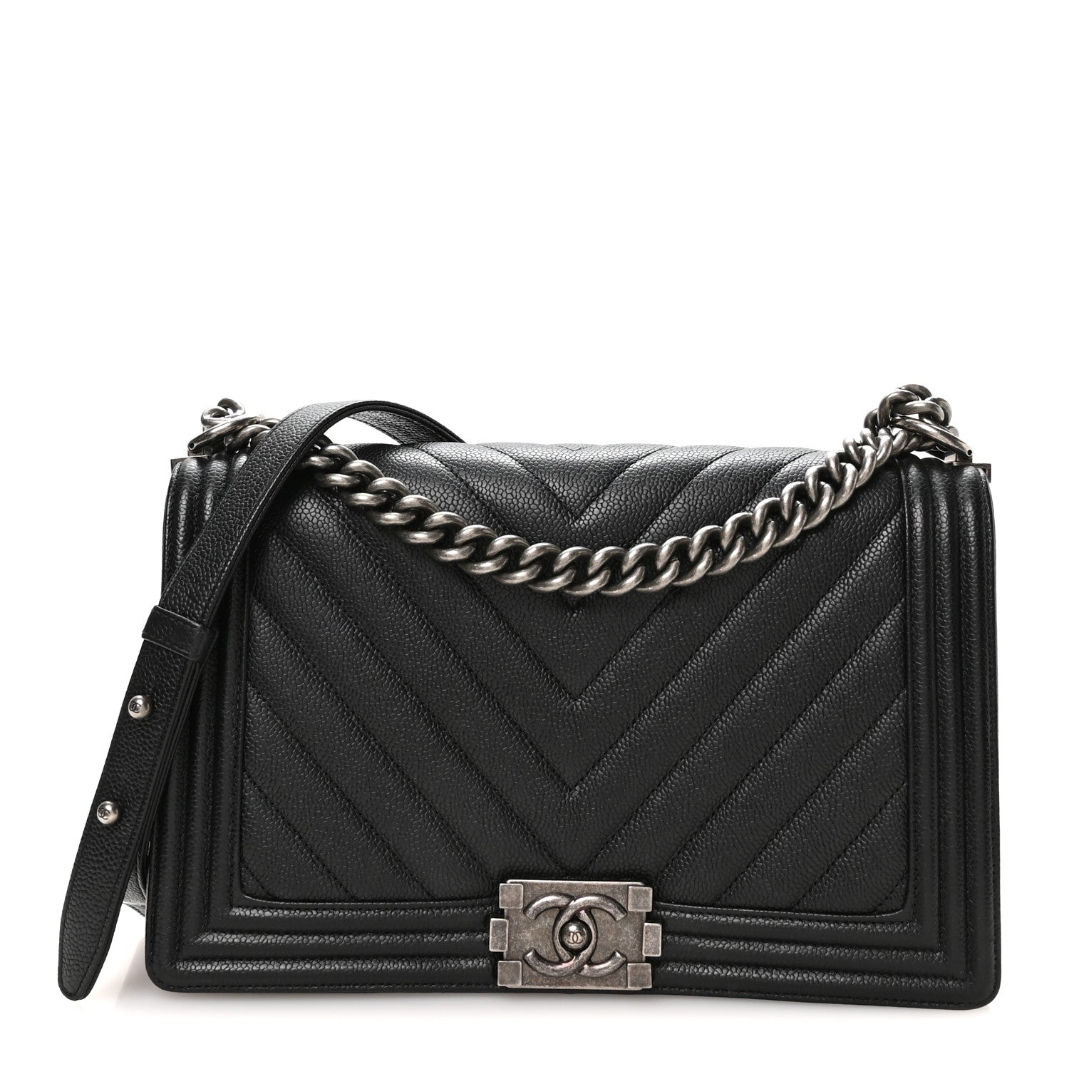 Calfskin Chevron Quilted New Medium Boy Flap Black