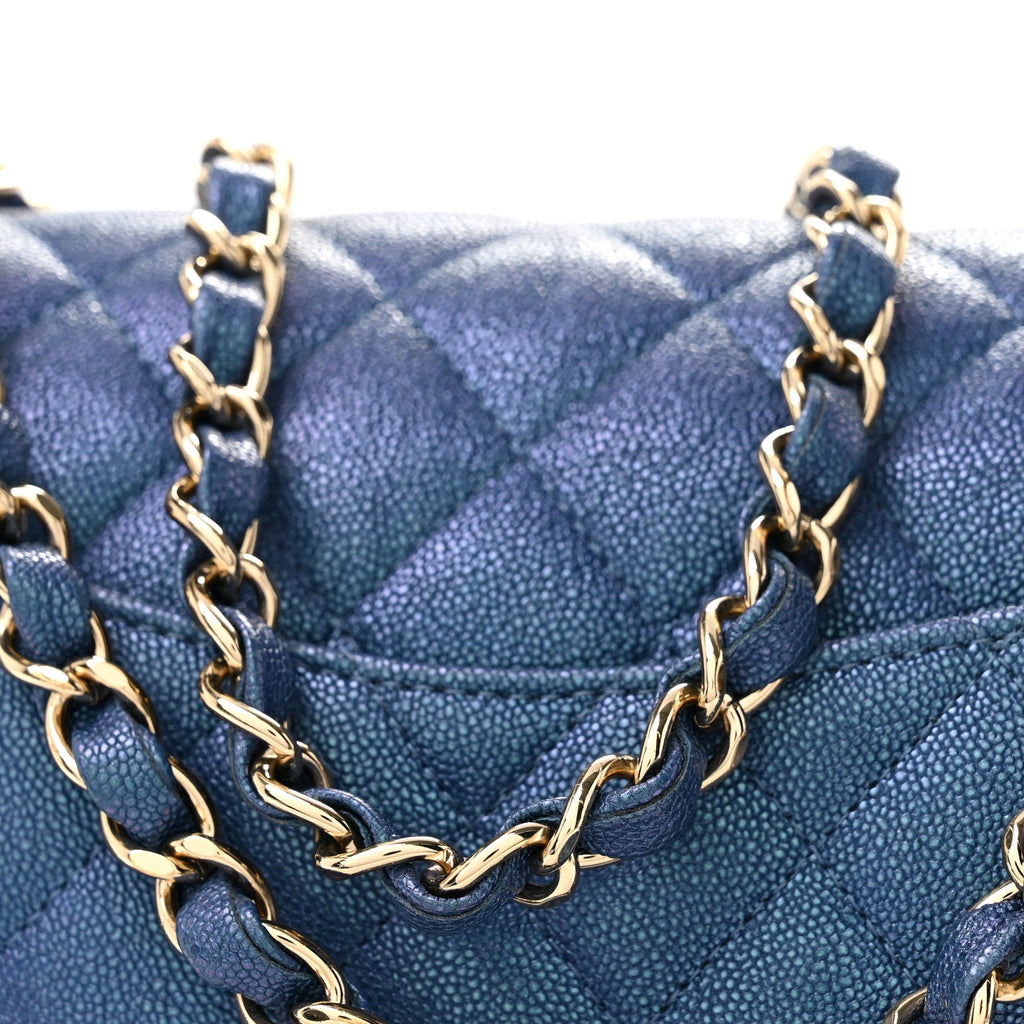 Iridescent Caviar Quilted Medium Double Flap Dark Blue