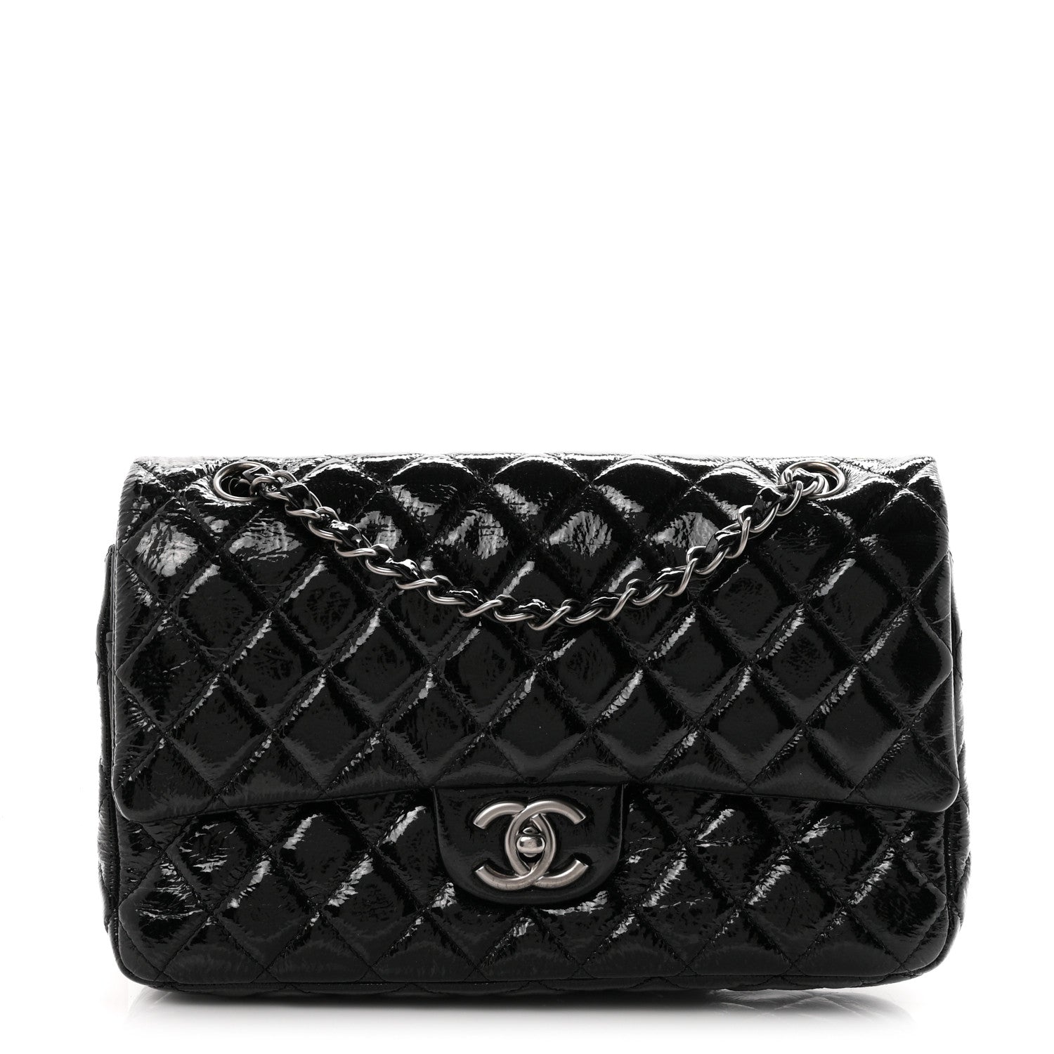 Crumpled Patent Quilted Medium Double Flap Black