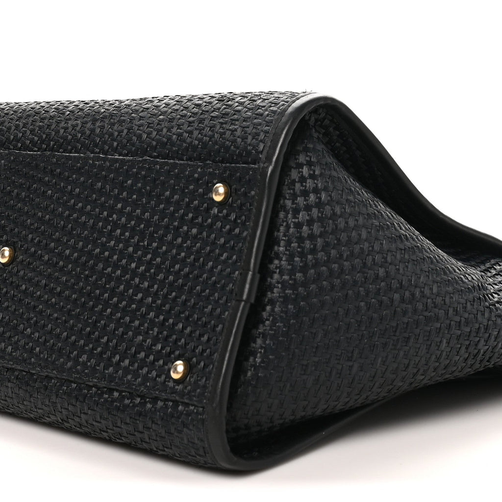 Straw Raffia Calfskin Chain Medium Deauville Tote Black