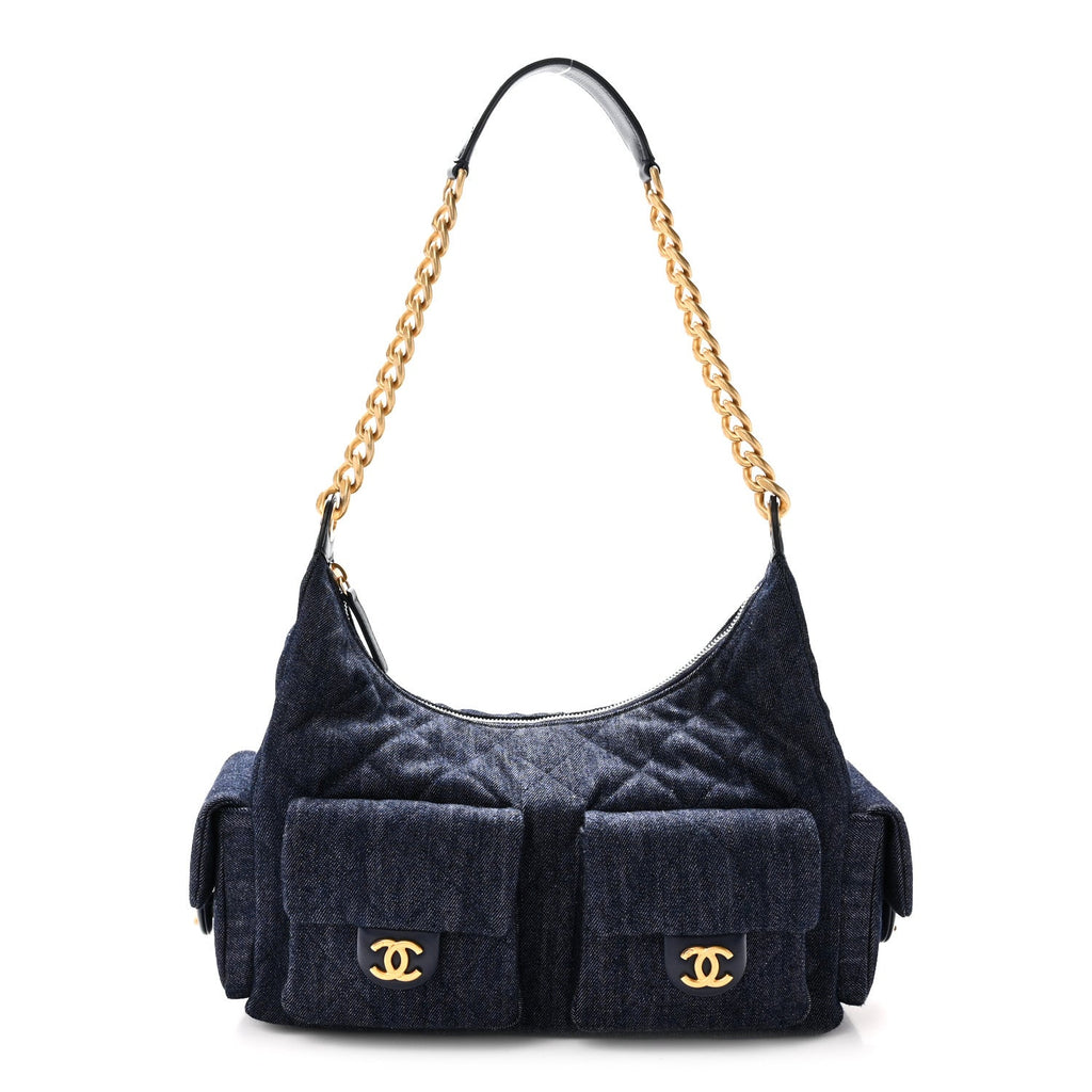 Washed Denim Quilted Large Trendy Pockets Hobo Dark Blue