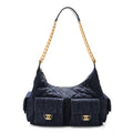 Washed Denim Quilted Large Trendy Pockets Hobo Dark Blue