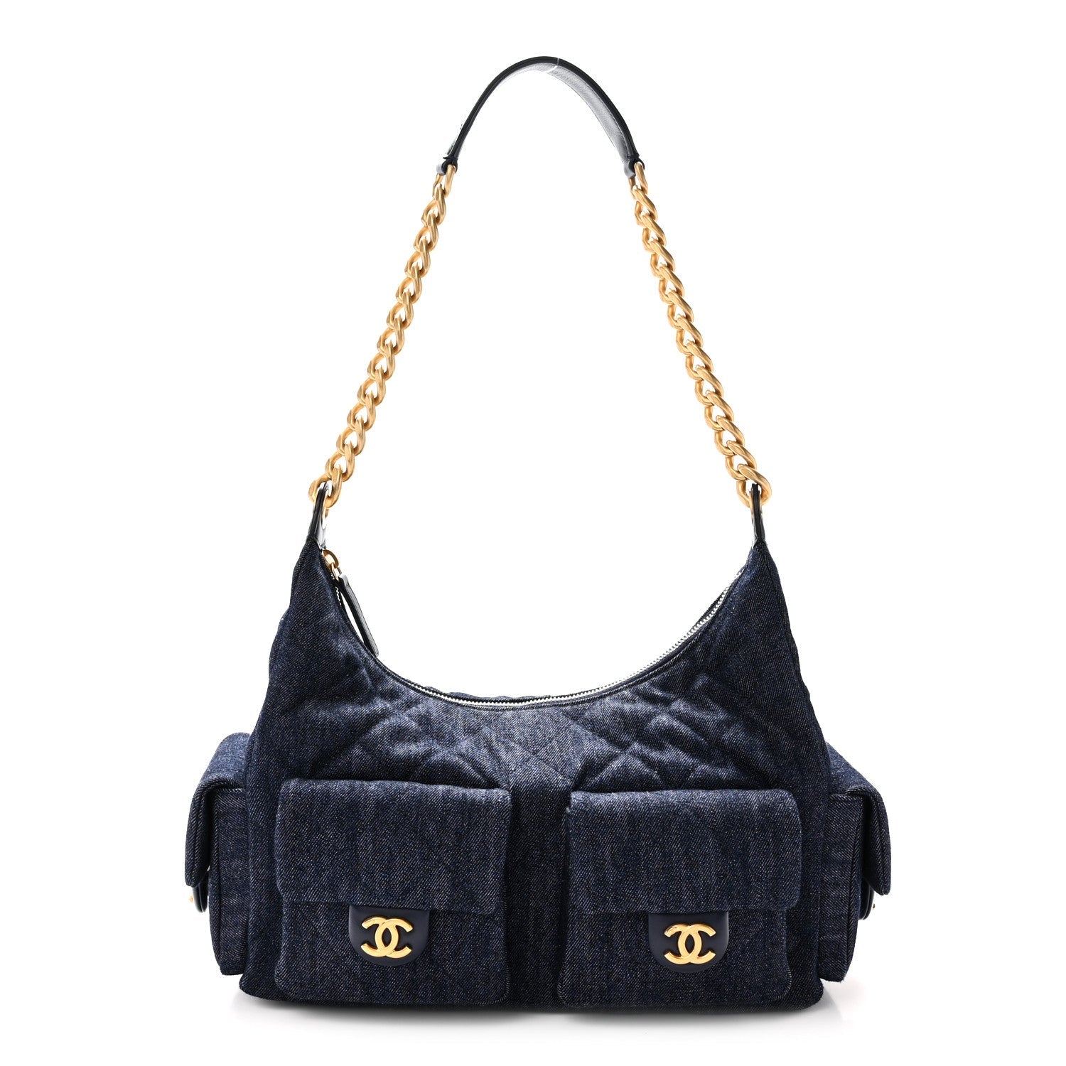Washed Denim Quilted Large Trendy Pockets Hobo Dark Blue