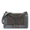 Metallic Lambskin Glass Pearl Embroidered Small Boy Flap  Silver