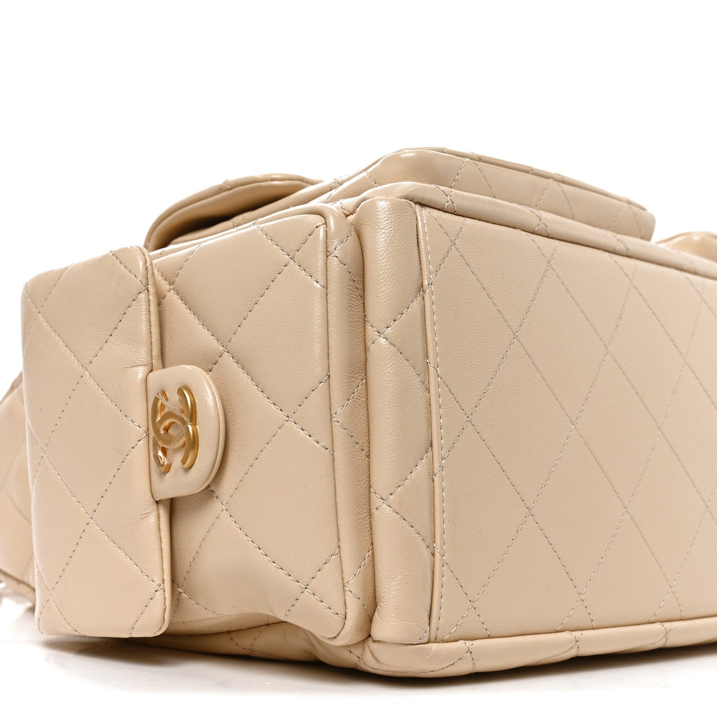 Shiny Lambskin Quilted Maxi Trendy Pockets Hobo Beige