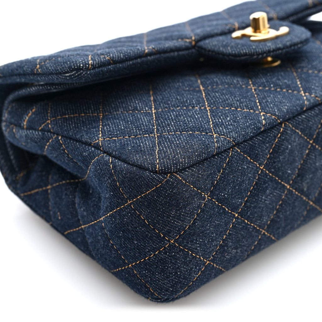 Denim Quilted Small Double Flap Dark Blue Orange