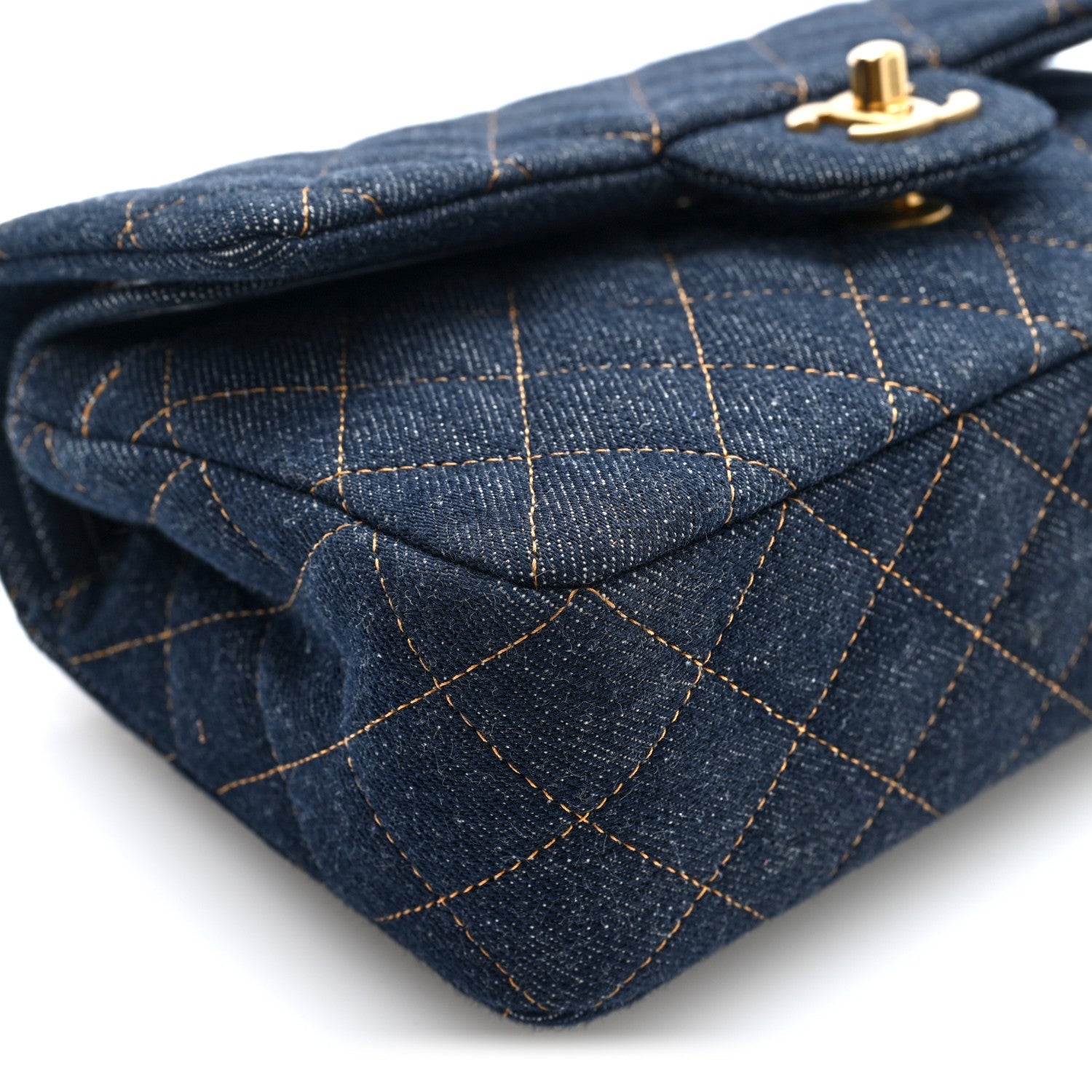 Denim Quilted Small Double Flap Dark Blue Orange