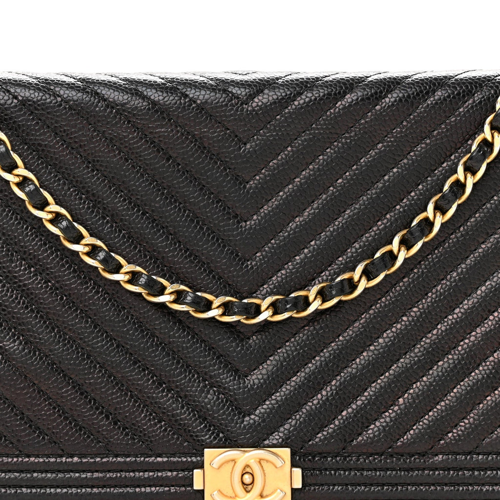 Caviar Chevron Quilted Boy Wallet On Chain WOC Black