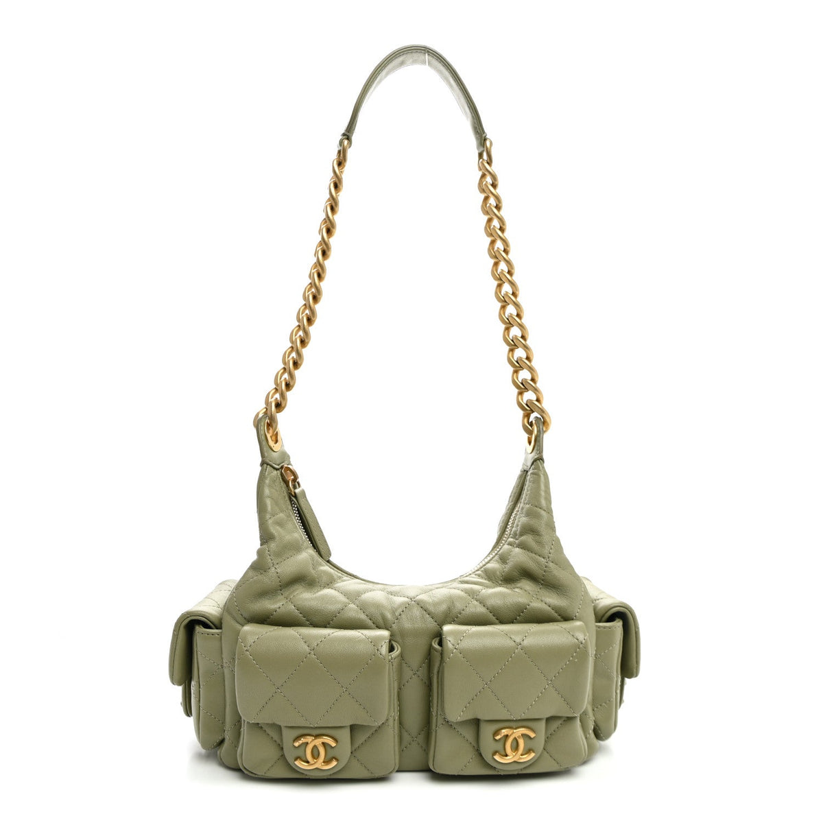 Shiny Lambskin Quilted Trendy Pockets Hobo Green