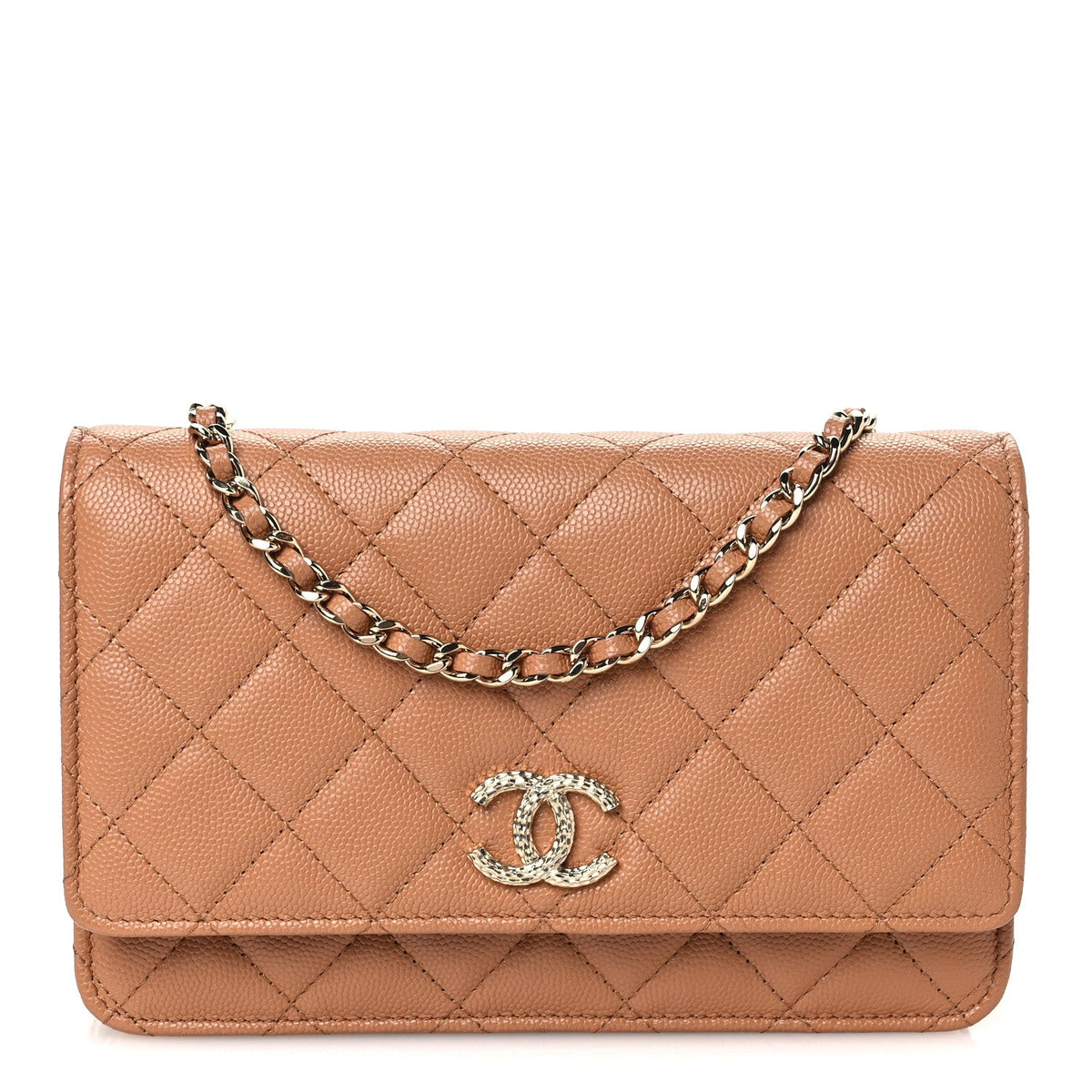 Caviar Quilted Studded CC Wallet on Chain WOC Brown