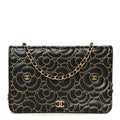 Lambskin Camellia Embossed Wallet On Chain WOC Black Gold