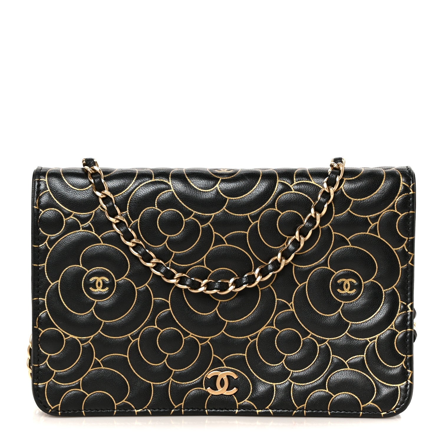 Lambskin Camellia Embossed Wallet On Chain WOC Black Gold