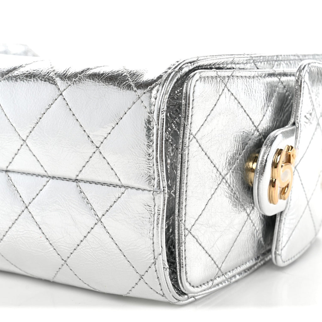 Metallic Aged Calfskin Quilted Mini Chanel 25 Handbag Silver