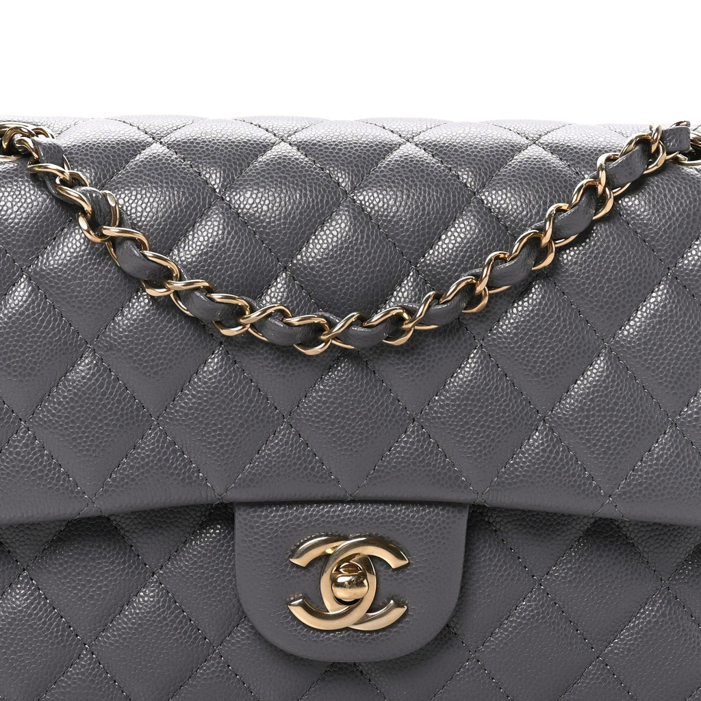 Caviar Quilted Medium Double Flap Dark Grey