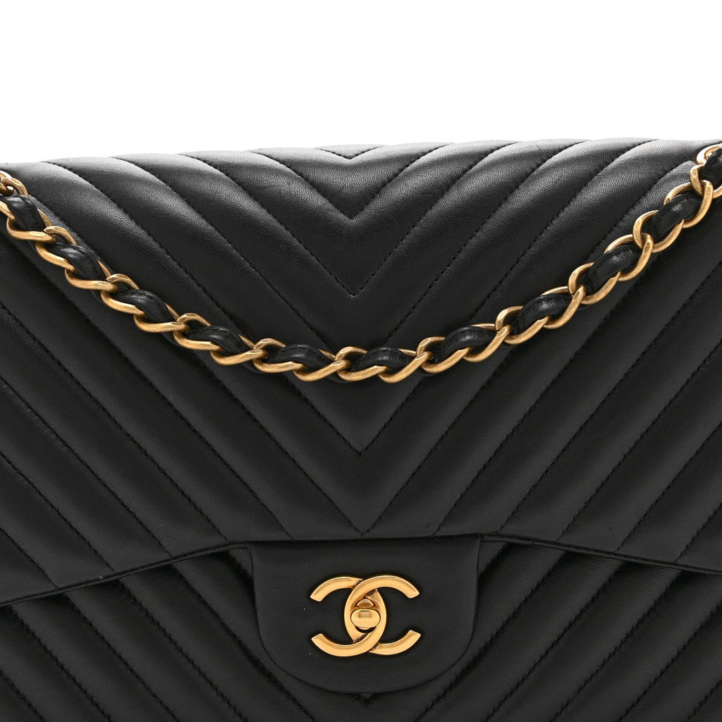 Lambskin Chevron Quilted Jumbo Double Flap Black