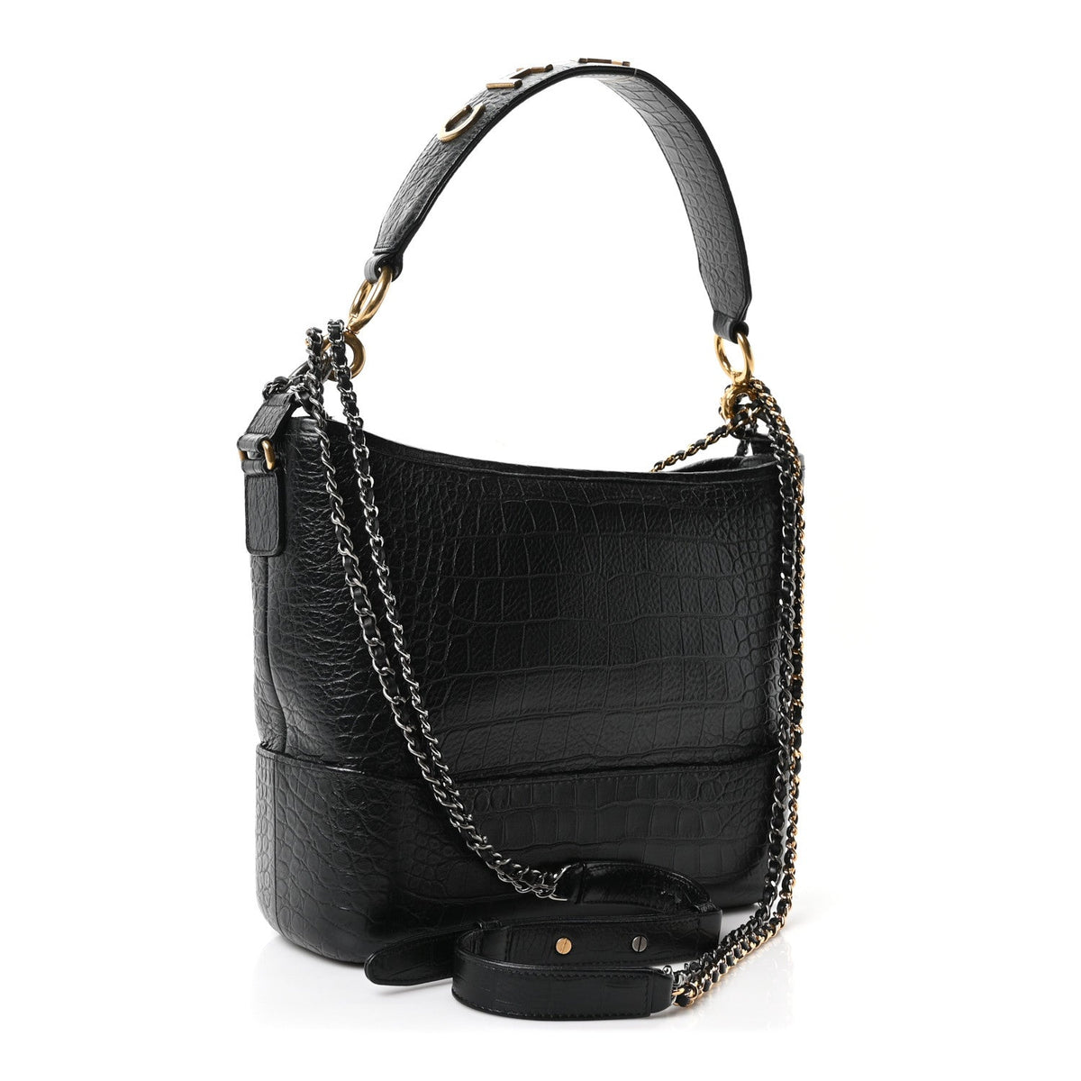 Crocodile Embossed Calfskin Medium Gabrielle Cocodile Hobo Black