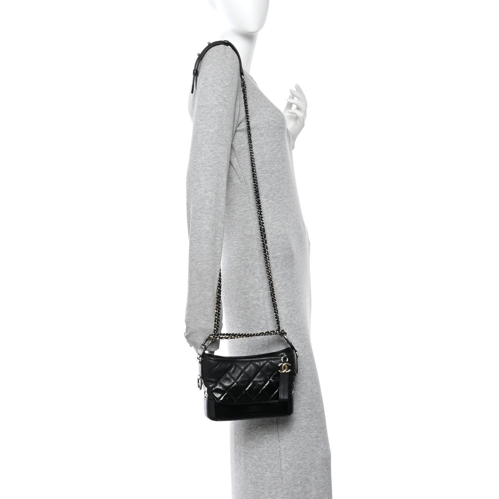 Patent Goatskin Quilted Small Gabrielle Hobo Black