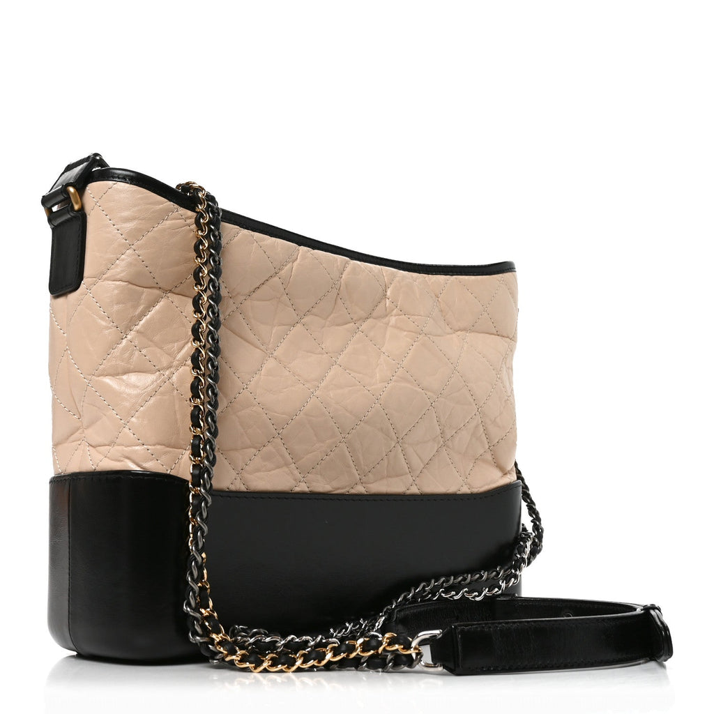 Aged Calfskin Quilted Medium Gabrielle Hobo Beige Black