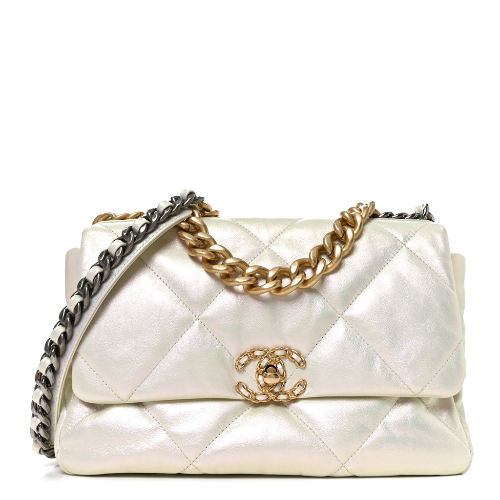 Iridescent Calfskin Quilted Large Chanel 19 Flap White