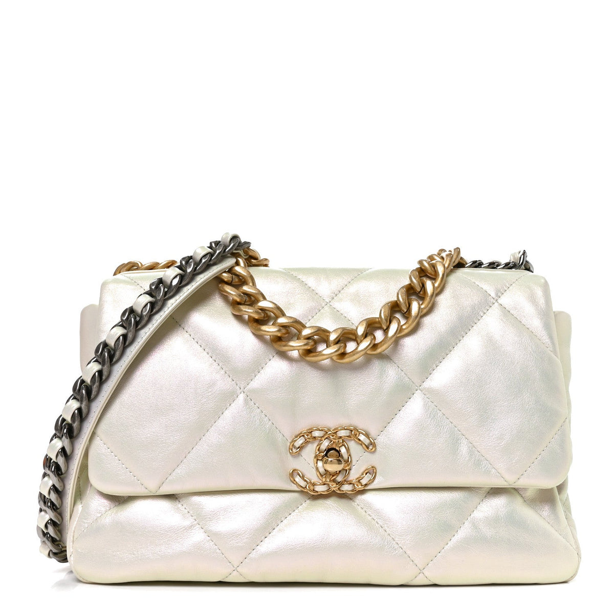 Iridescent Calfskin Quilted Large Chanel 19 Flap White