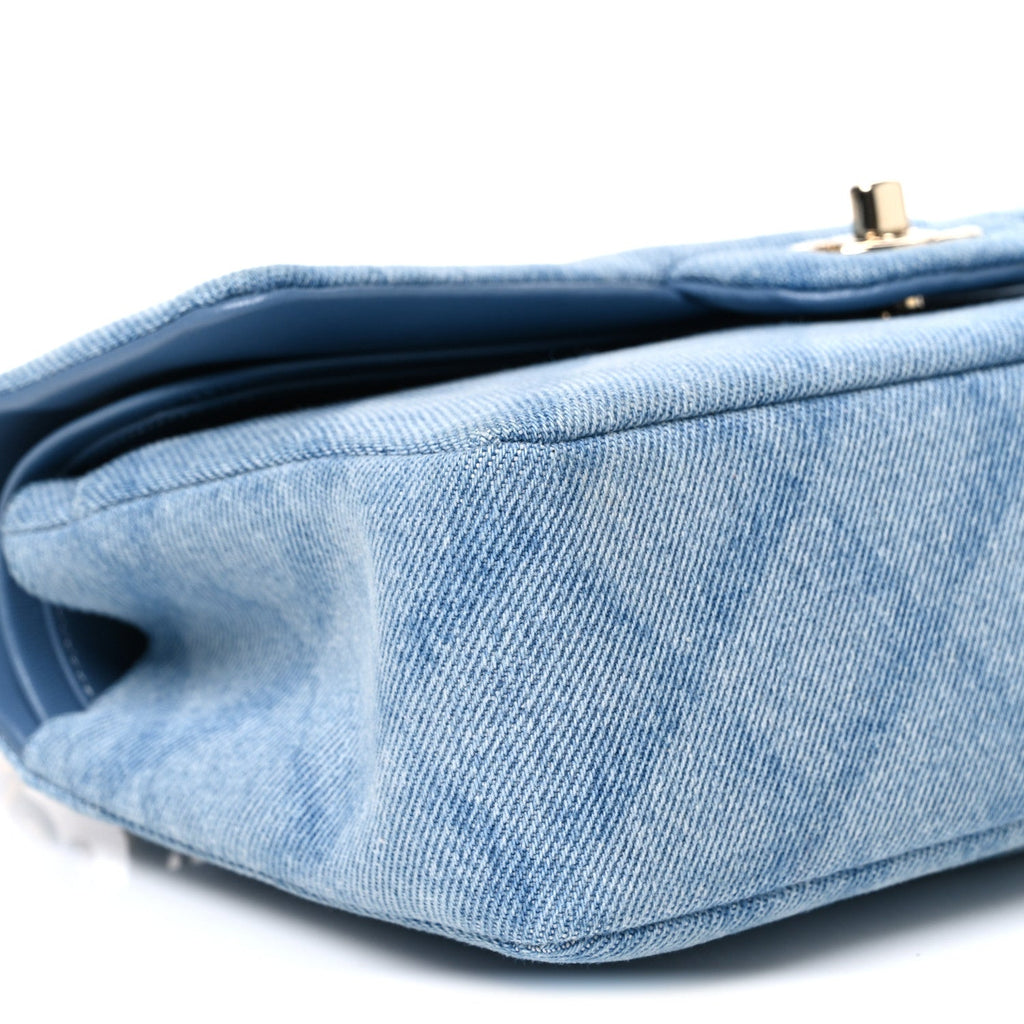 Printed Denim Quilted Small Double Flap Light Blue