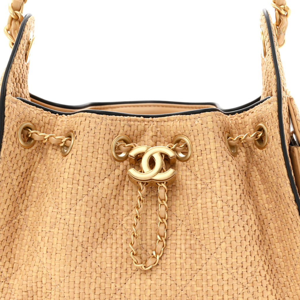 Braided Raffia Calfskin Quilted Mini Chanel 25 Handbag Beige Black