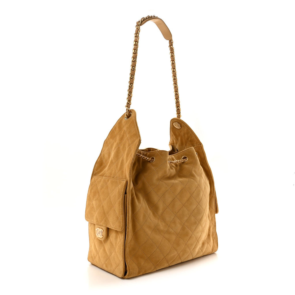 Suede Quilted Medium Chanel 25 Handbag Beige
