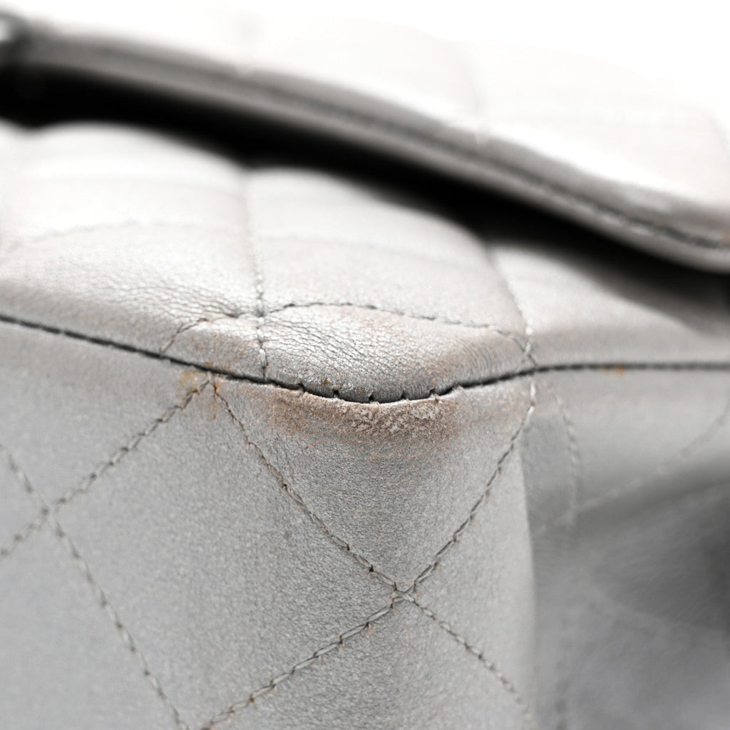 Metallic Lambskin Quilted Medium Double Flap Silver