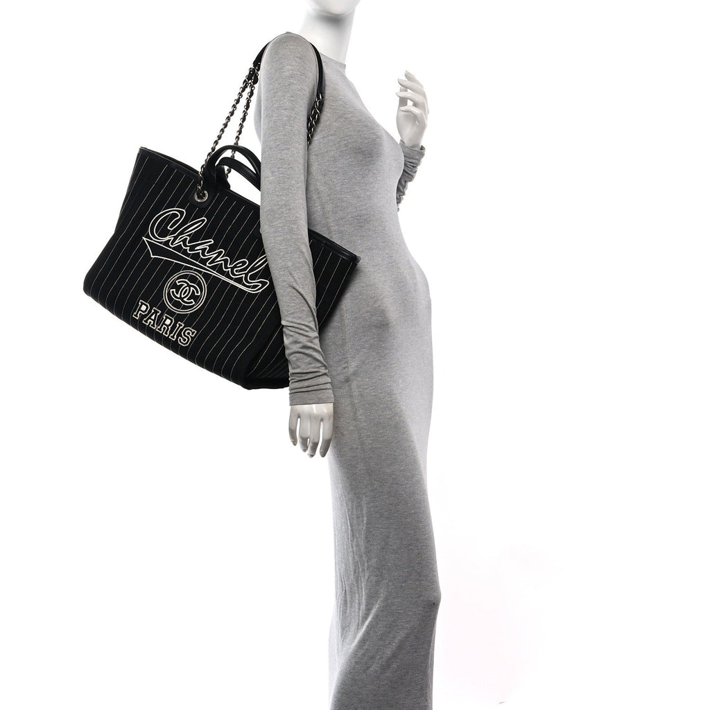 Canvas Calfskin Striped Medium Deauville Tote Black White