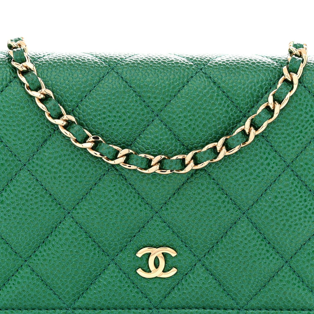 Metallic Caviar Quilted Wallet On Chain WOC Green