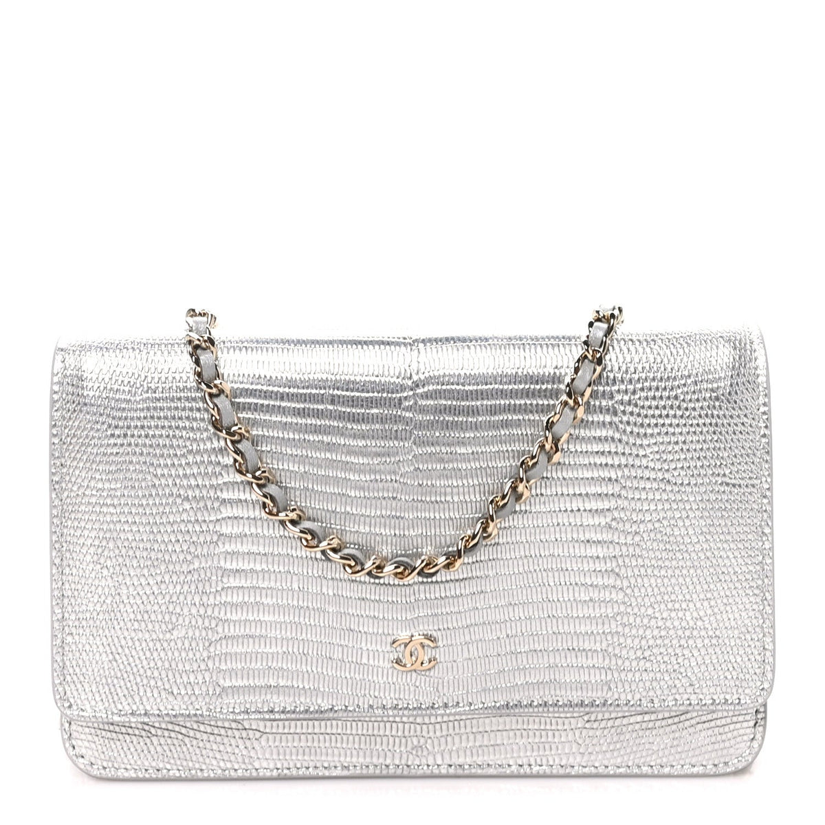 Calfskin Lizard Embossed Wallet on Chain WOC Silver