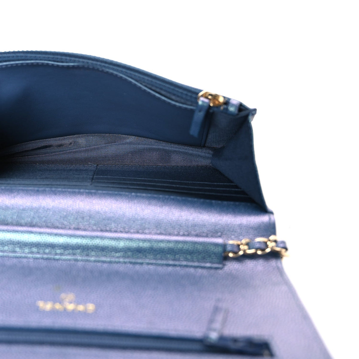 Iridescent Caviar Quilted Wallet on Chain WOC Dark Blue
