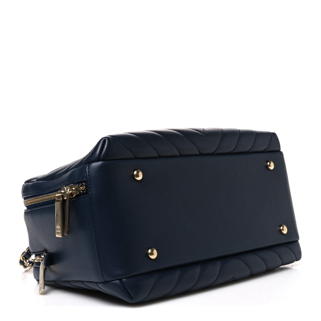 Lambskin Chevron Quilted Small Trendy CC Bowling Bag Navy Blue