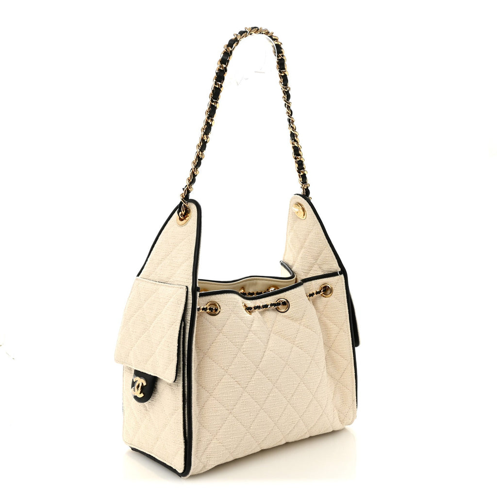 Canvas Calfskin Quilted Small Chanel 25 Handbag Ecru Black