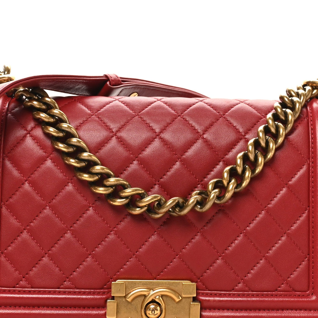 Lambskin Quilted Medium Boy Flap Dark Red