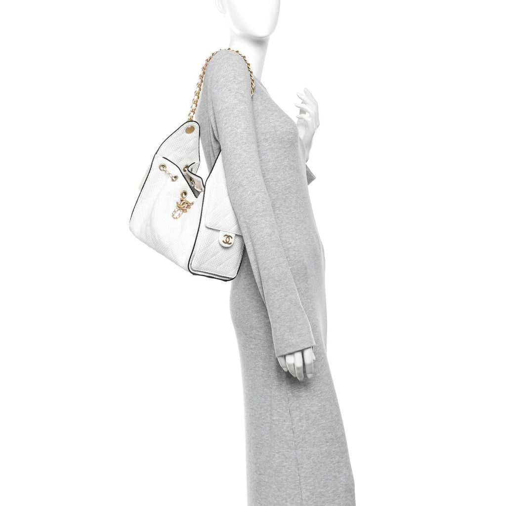 Braided Raffia Calfskin Quilted Small Chanel 25 Handbag White Black