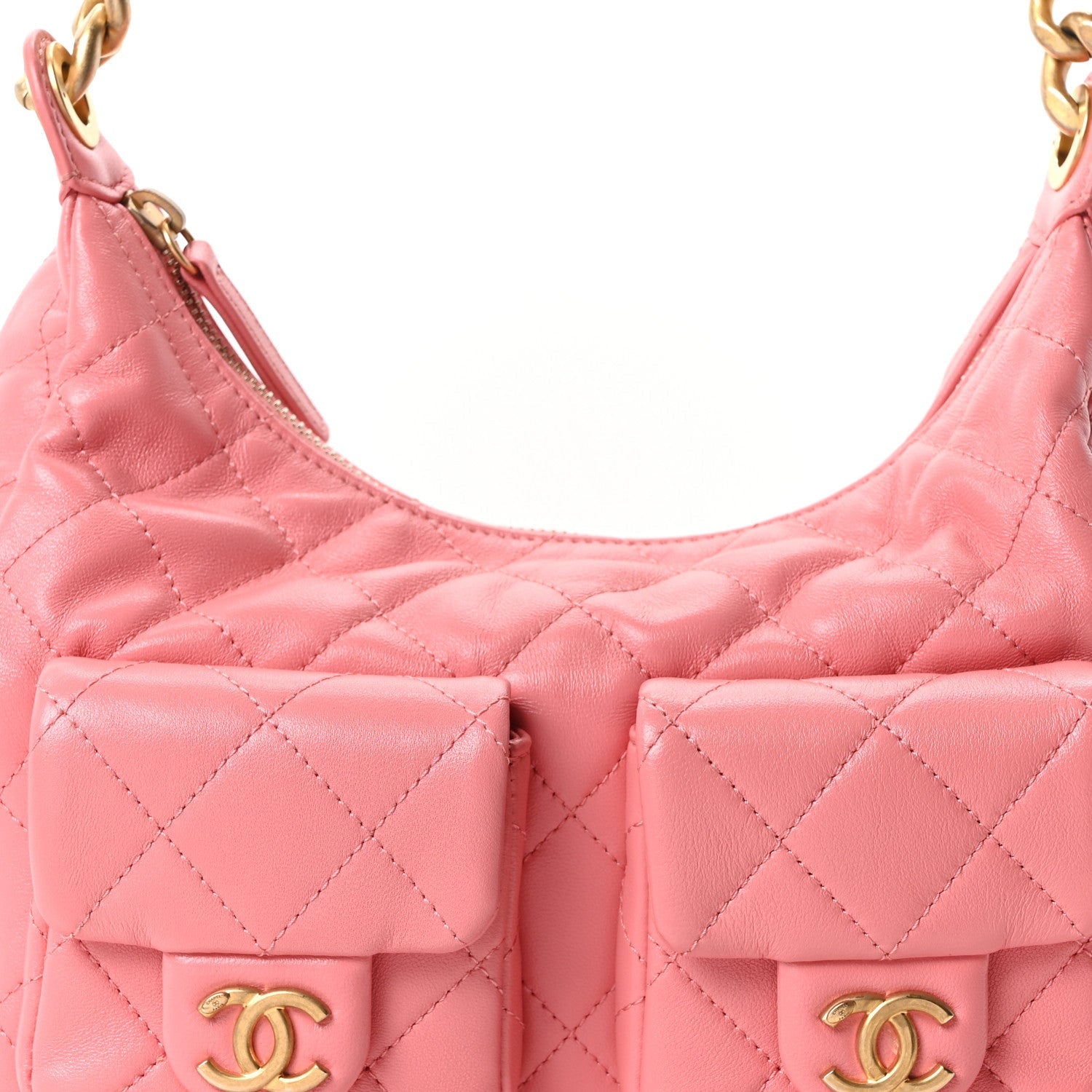 Shiny Lambskin Quilted Trendy Pockets Hobo Coral Pink