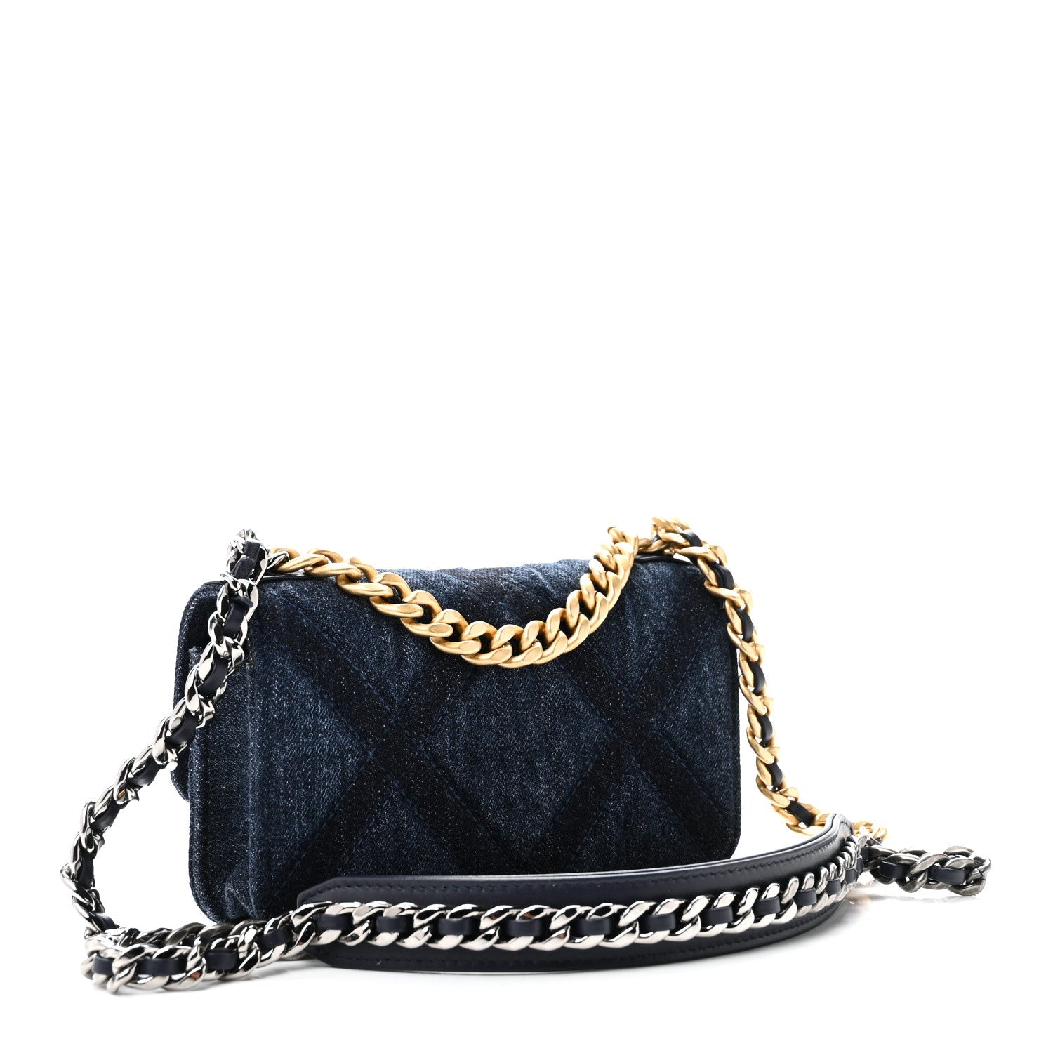 Denim Quilted Chanel 19 Flap Phone Holder With Chain Blue