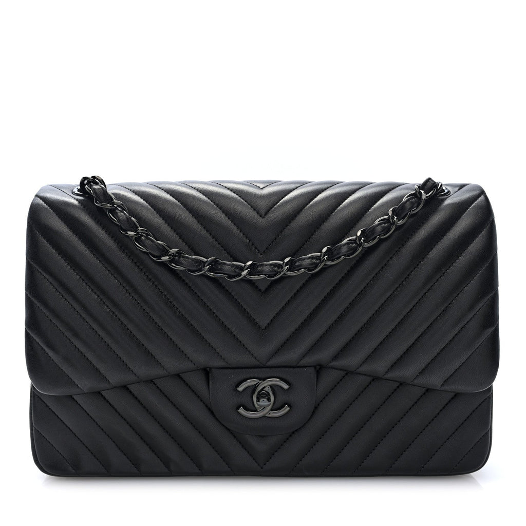 Lambskin Chevron Quilted Jumbo Double Flap  So Black