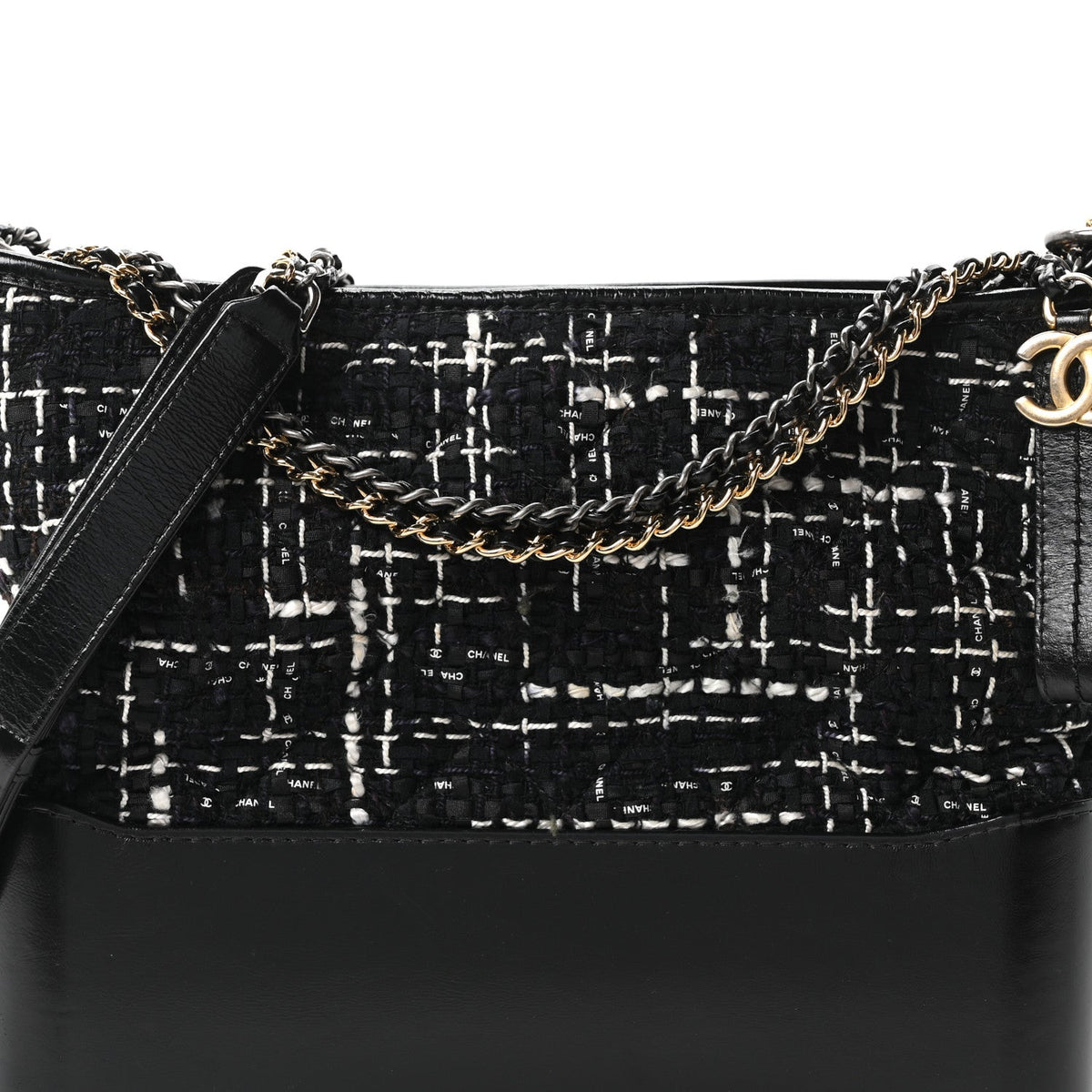 Tweed Calfskin Quilted Medium Gabrielle Hobo Black White