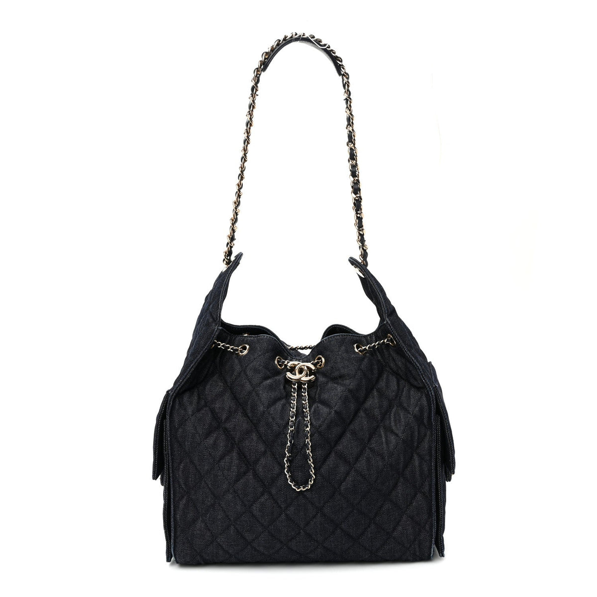 Denim Quilted Medium Chanel 25 Handbag Dark Blue