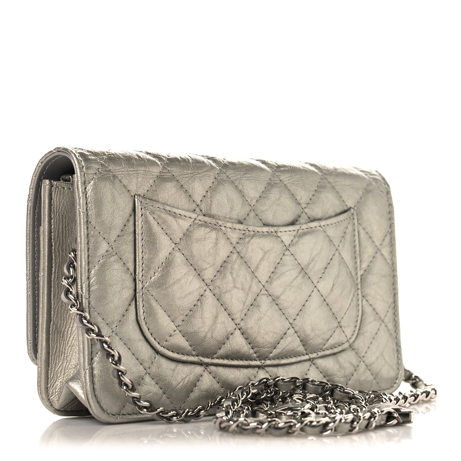 Metallic Crumpled Calfskin Quilted Flap Charm Wallet On Chain WOC Silver