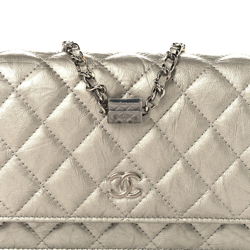 Metallic Crumpled Calfskin Quilted Flap Charm Wallet On Chain WOC Silver