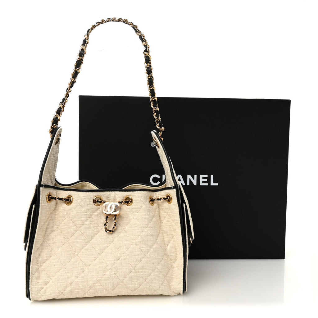 Canvas Calfskin Quilted Small Chanel 25 Handbag Ecru Black