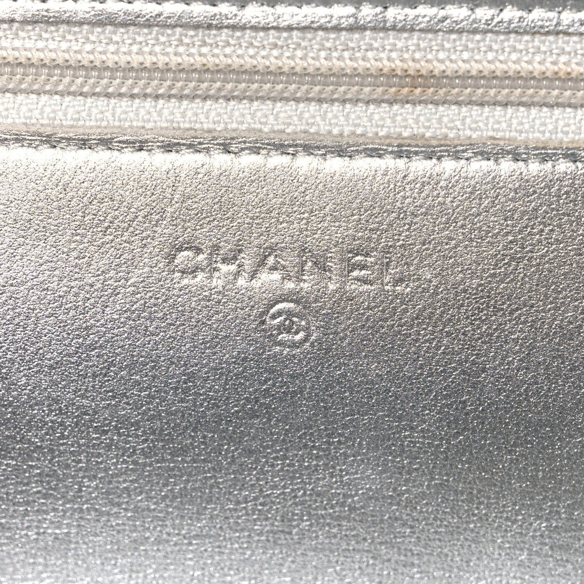 Metallic Lambskin Quilted Wallet On Chain WOC Silver
